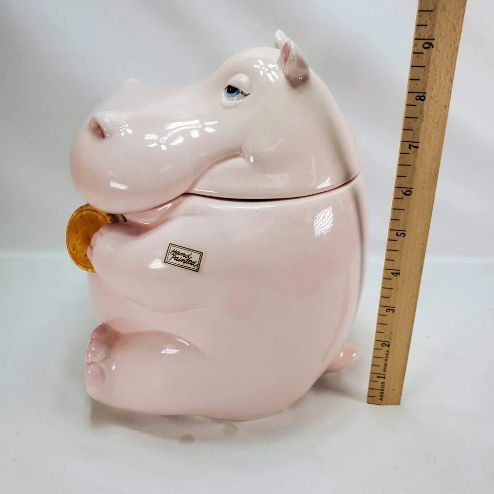 Fitz Floyd Hippo Cookie Jar Pink Vintage 1980 Japan Hand Painted Kitsch Ceramic